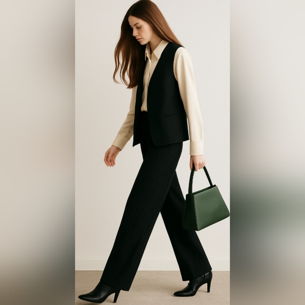 MULBERRY🐞Black Striped Pleated Wool Blend Relaxed Fit High Rise Trousers Sz: 14 - Picture 10 of 10